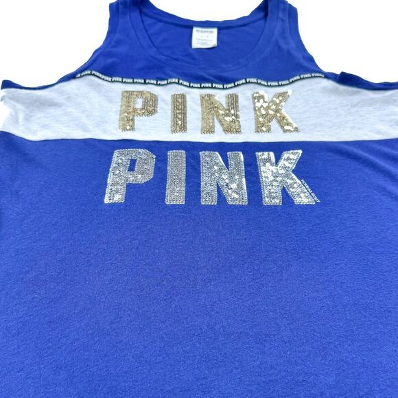 Victoria's Secret PINK Tank Top - Size Large, Blue & Gray with Gold Foil Logo - Picture 2 of 7